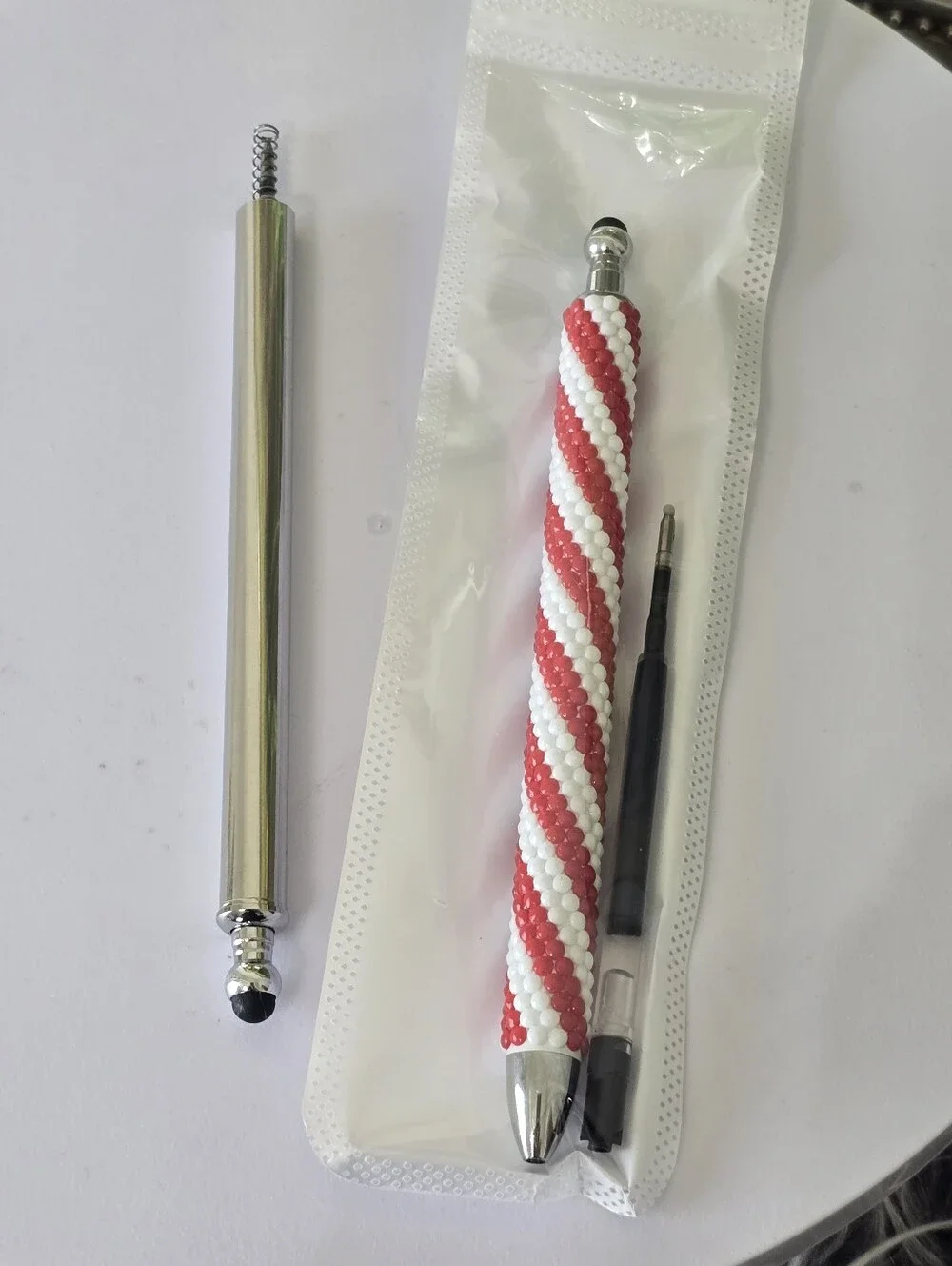 Handmade Diamond Dot Beaded Pen Red White Refillable Gel Ink Stylus Gift